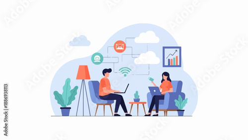 Two people working remotely on laptops connected via cloud