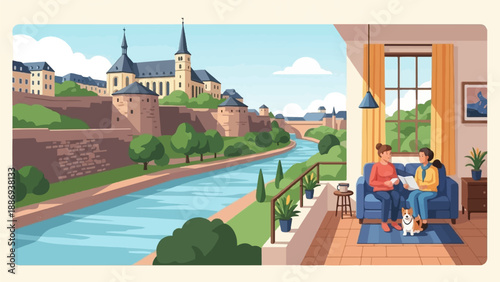 Two women and dog relax indoors overlooking a scenic historic city river