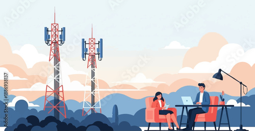 Two people working remotely near communication towers under a stylized sky