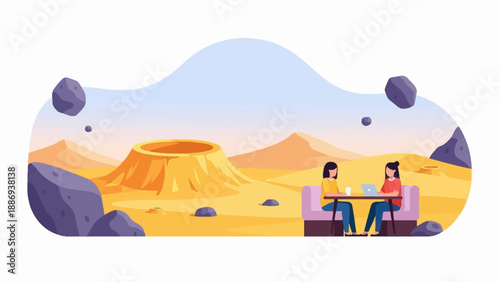 Two people working remotely on a strange alien planet