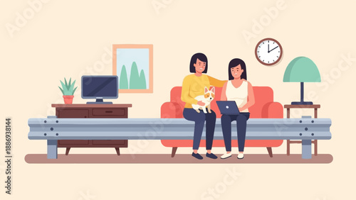 Two women and dog on couch with laptop, desk, monitor, lamp, clock, and art