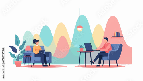 Two people working remotely in a stylized home office with abstract graph background