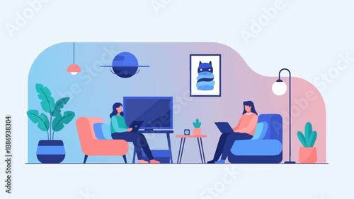 Two people working on laptops in a living room with decor and plants