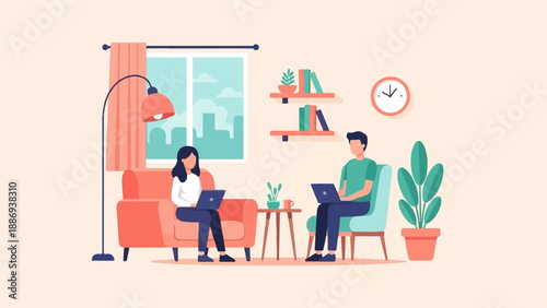 Two people working remotely on laptops in a cozy living room setting (1)