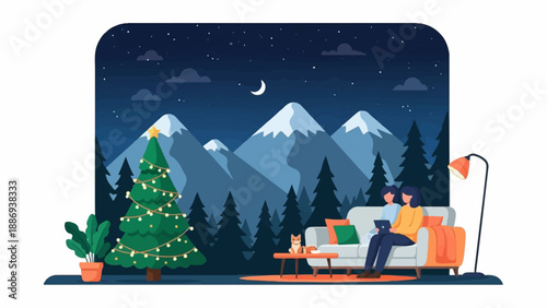 Two women and dog enjoy Christmas evening in front of snowy mountains