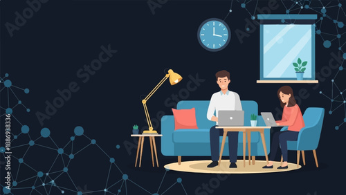 Two people working remotely on laptops in a cozy living room setting