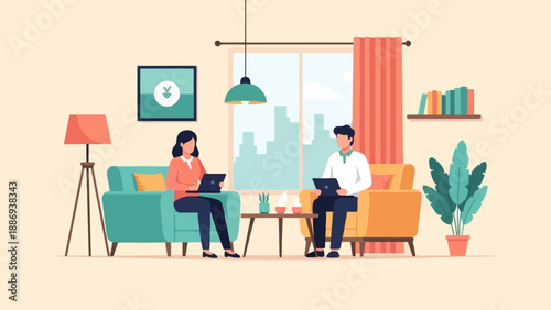 Two people working remotely on laptops in a cozy living room