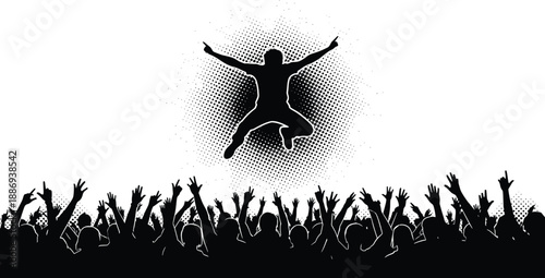 Silhouette of a man jumping in joy above a cheering crowd of people at a music concert or party with halftone background vector