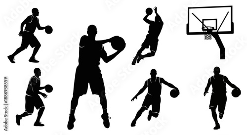 Collection of basketball players in various actions on the court, illustrated in silhouette