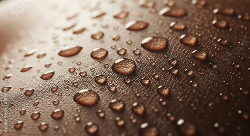 A close-up view of water droplets on a brown leather surface