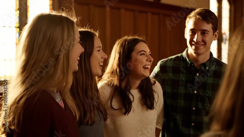 girl and woman and man form group near church window. teen and adult laugh and smile. wood panel and stainedglass interior frame candid conversation among young faces. expression captured in portrait.