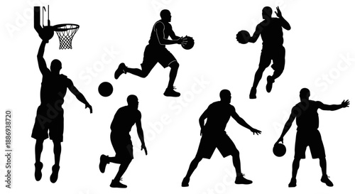 Basketball players in action on the court, silhouetted figures playing basketball, dynamic movements, sports illustrations