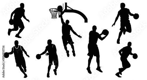 Dynamic silhouettes of basketball players in various actions and movements on the court