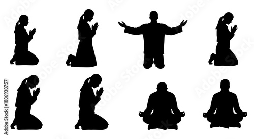 People in various prayer poses and meditation silhouettes against a plain background