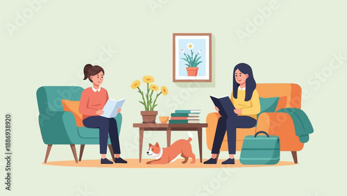 Two women relax indoors reading books with a dog nearby and art on wall