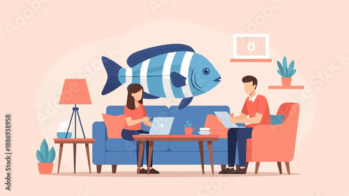 Two people working from home with a giant fish hovering over them