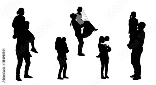 Silhouetted figures of adults and children interacting in various poses and activities on a plain white background from Whisk_6c5e8bd8b649fcf9f5f4b4aad1b045b1dr.eps illustration