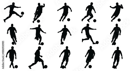 Dynamic silhouettes of soccer players in various poses and actions on a clean white background, Whisk reference