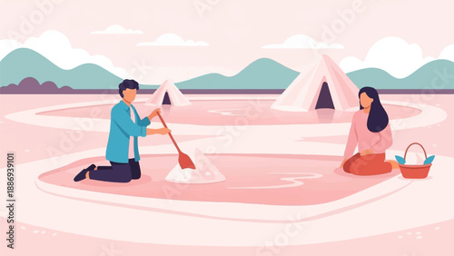 Two people working and resting near tents in a salt flat