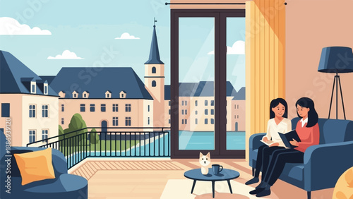 Two women relax indoors, reading with a view of European cityscape