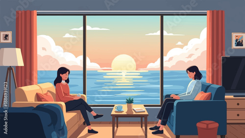 Two women relax indoors, sipping drinks and watching a vibrant sunset over the ocean