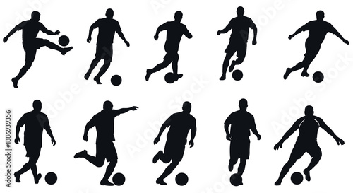 Dynamic silhouettes of soccer players in various actions and movements on the field