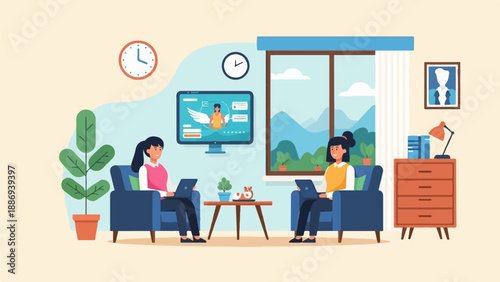 Two women in armchairs with laptops, a monitor displays a winged figure, window shows mountains