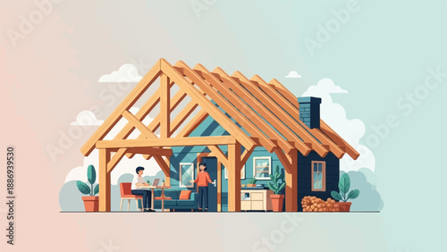 Two people working and relaxing inside a partially constructed wooden-framed house