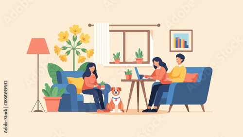 Two women and a man with a dog relax indoors among plants and flowers
