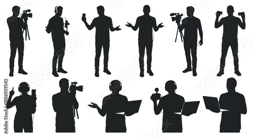 Silhouettes of photographers and models posing with cameras and equipment in various professional settings