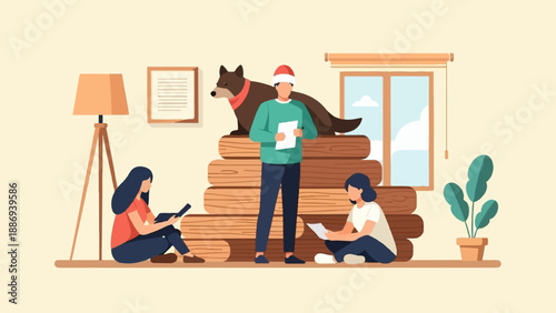 Two women and a man with a dog are reading and working indoors