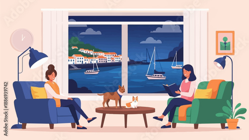 Two women relax indoors, watching a seaside town with sailboats at dusk through window