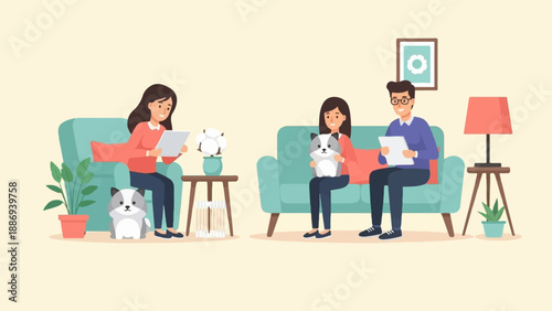 Two women and a man sitting on couches with pets and looking at papers