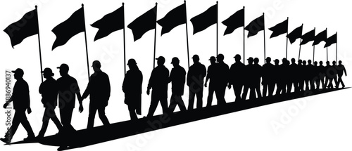 Silhouette of worker crowd walking in line with flags, group of people marching for labor rights, protest parade, strike movement, and community demonstration.