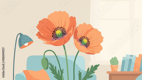 Two vibrant orange poppies bloom in a cozy room with a blue sofa and books