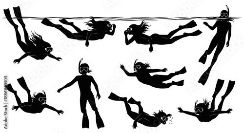 Divers in various poses underwater and at the surface in a graphic illustration