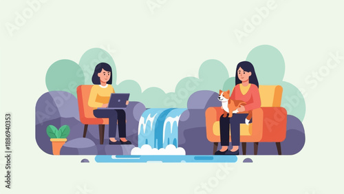 Two women relax near a waterfall with a laptop and a dog