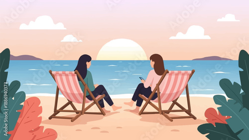 Two women relax on a beach in deck chairs, watching the sunset over the ocean