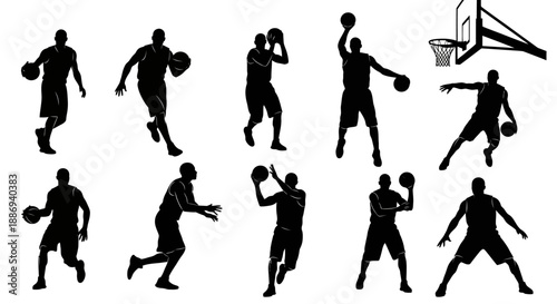 Dynamic Basketball Players in Various Actions and Poses Illustrated in Silhouette