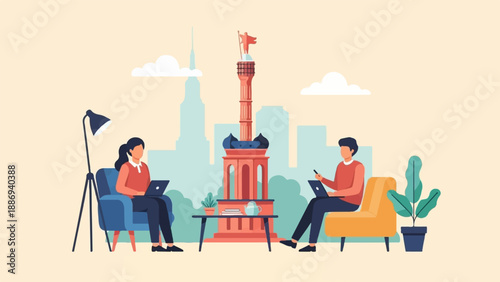 Two people working remotely with a city skyline and monument