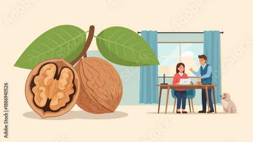 Two people work together at a desk with a dog nearby and walnuts on a branch