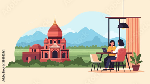 Two women collaborate on a laptop at a table with a serene landscape view