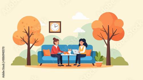 Two women and a dog relax on a couch with autumn trees outside