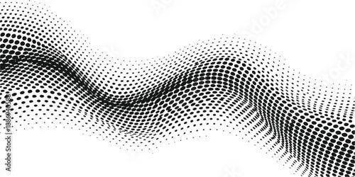 Dynamic black and white halftone wave pattern with gradient dots abstract background vector illustration