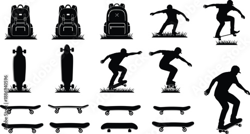 Skateboarder and lifestyle vector silhouette set featuring backpacks, longboards, street skaters performing tricks, and equipment icons for urban sports design and outdoor recreation.