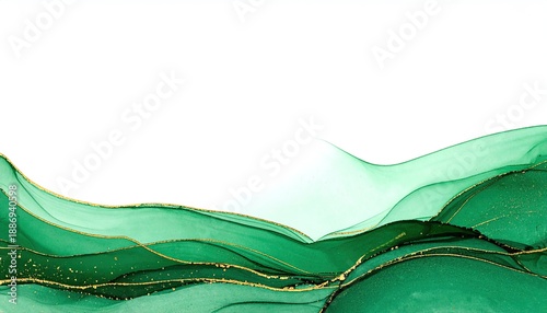 Flowing emerald green abstract with shimmering gold accents on white