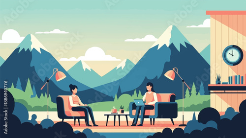 Two women in modern living room with laptops and mountain backdrop