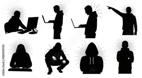 Silhouetted people using laptops and pointing in various poses Whisk style illustration
