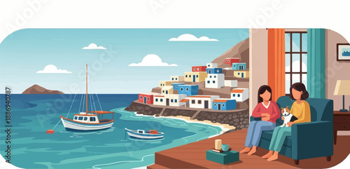 Two women and a dog relax indoors with a picturesque coastal village view