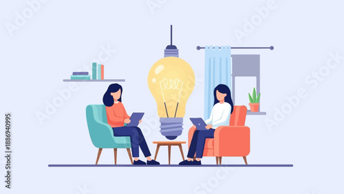 Two women collaborating on laptops near a giant glowing lightbulb